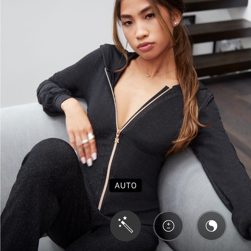 Savage X FENTY Sleep & Shine Black Sparkly Hooded Jumpsuit M